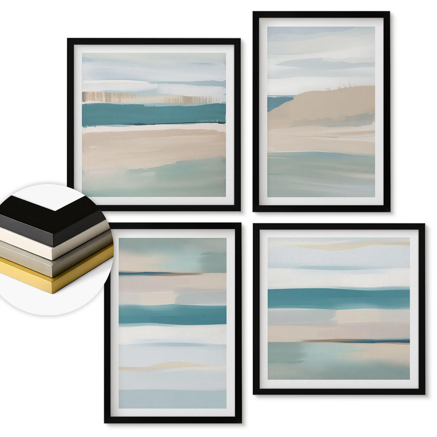 WANDBILDER 4er-Set - 50x50 cm & 40x60 cm Schwarzer Rahmen - Abstrakte blaue Landschaften - Schwarz, Kunststoff (50/50cm) - ArtPrintCave