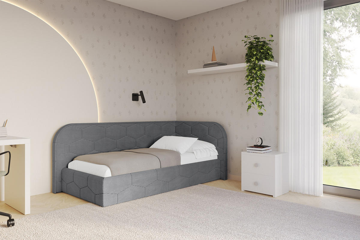 EINZELLBETT Jugendbett mit Bettkasten und Matratze H3/H4, Links - JAXY 90x200 Dunkelgrau - Graphitfarben, Holzwerkstoff/Textil (90/200cm) - ALTDECOR