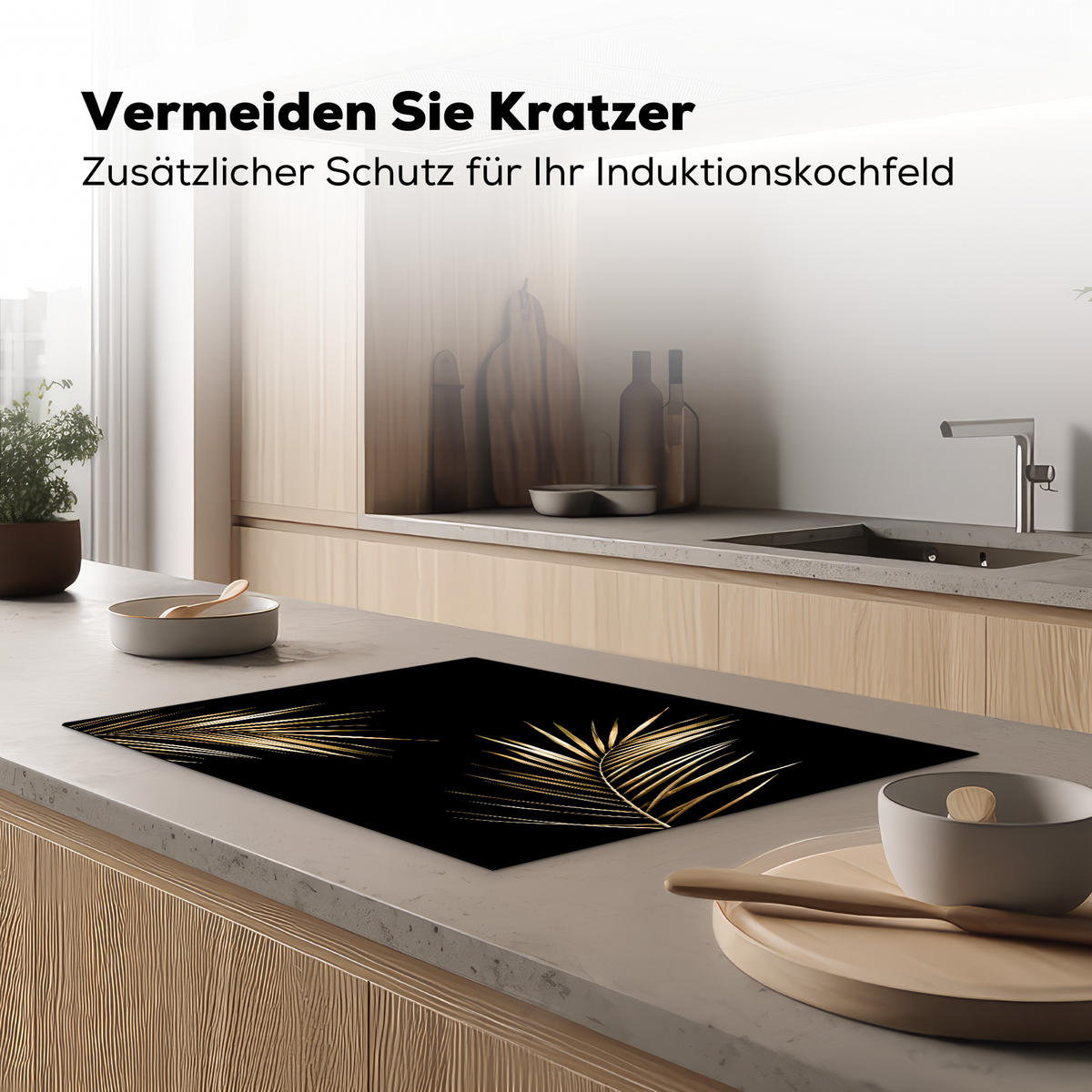 HERDABDECKPLATTE Blätter - Pflanzen - Gold - Schwarz - Luxus Herdabdeckung Induktionsfeld 75x52 cm - Goldfarben, Kunststoff (75/52/0.2cm) - MuchoWow