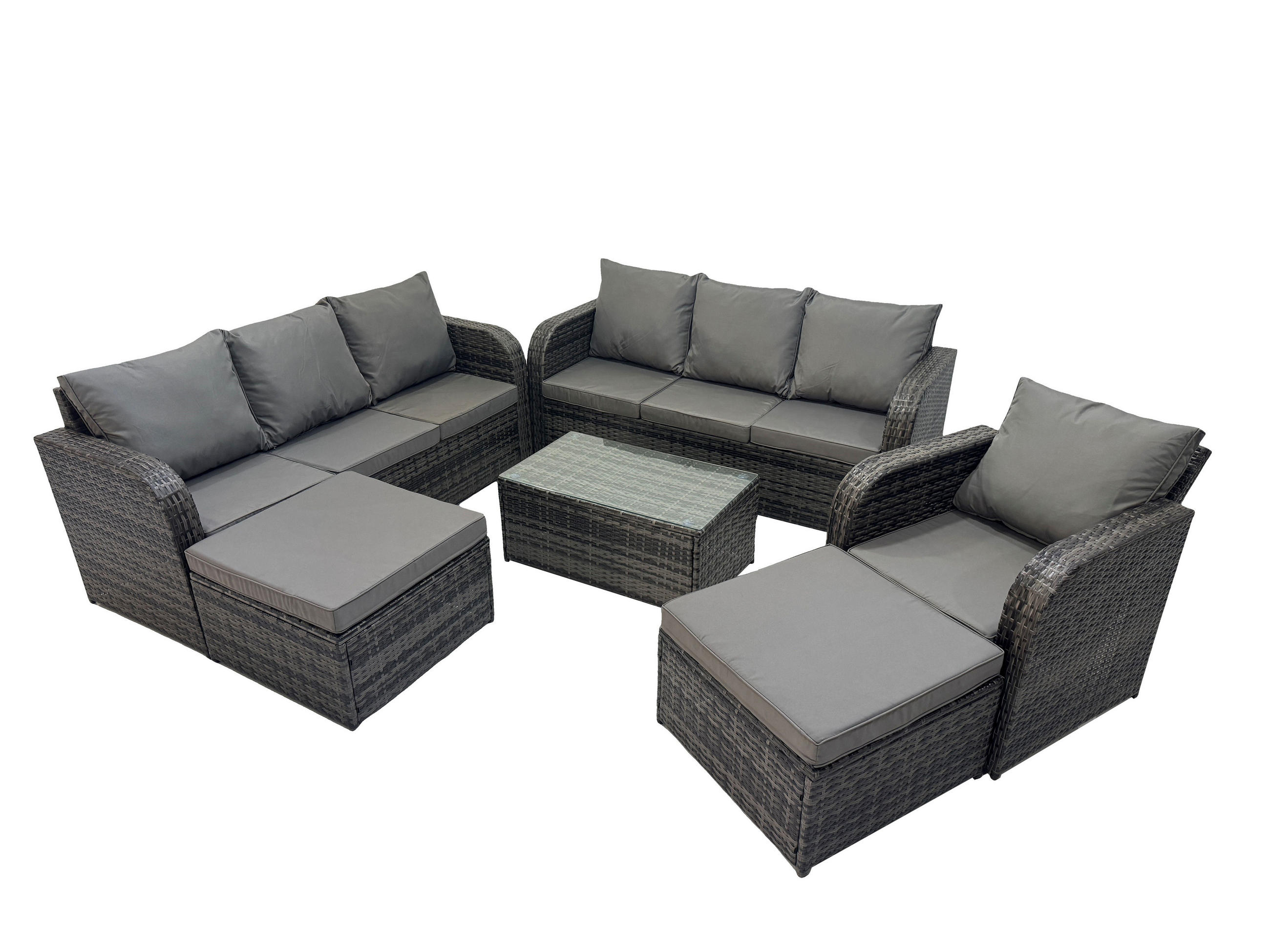 GARTENMÖBELGARNITUR mit KISSEN Polyrattan Dunkelgrau 9-Sitzer - Dunkelgrau/Grau, Glas/Kunststoff - Fimous