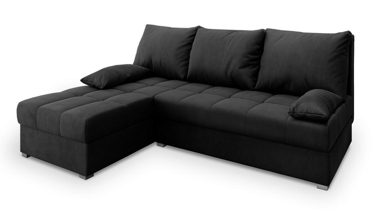 ECKSOFA RITA M Schwarz Velours-Stoff mit Schlaffunktion - Schwarz, Holz (200/141cm) - MASSENO