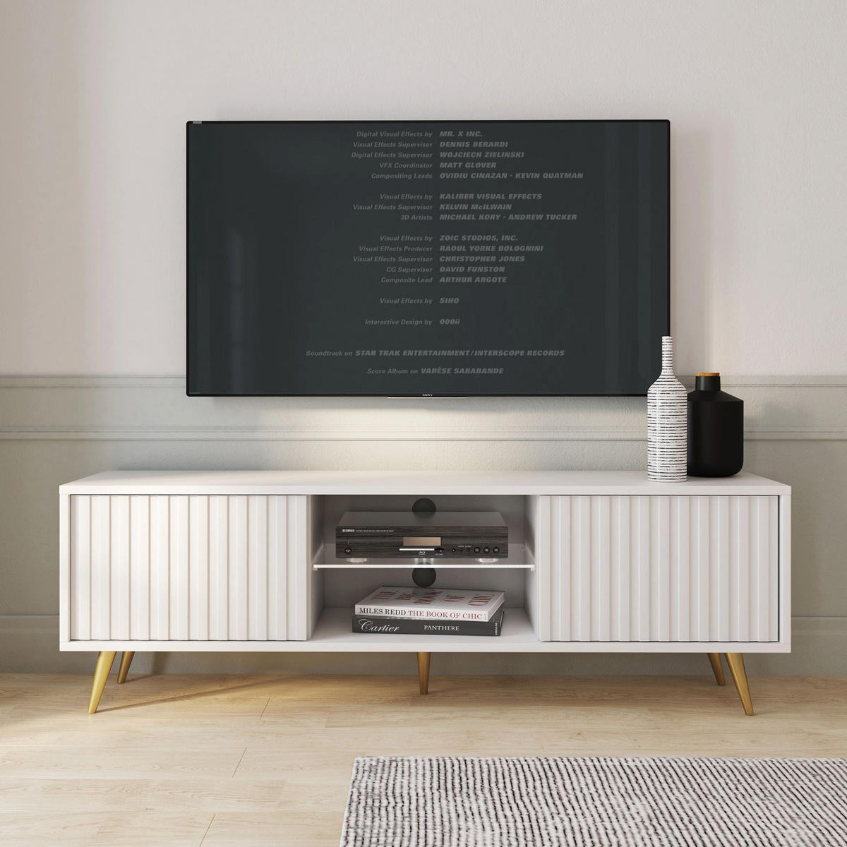 TV-ELEMENT Rikke Eiche / Grau 135/43/32 cm - Goldfarben/Weiß, Holzwerkstoff/Metall (135/43/31.6cm) - Selsey