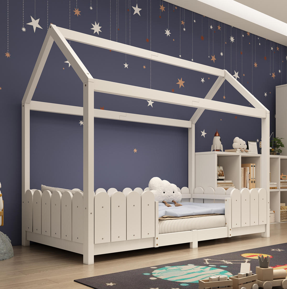 KINDERHAUSBETT 90/200 cm mit Rausfallschutz und Lattenrost aus Massivholz, Weiß - Weiß, Holz - Redom