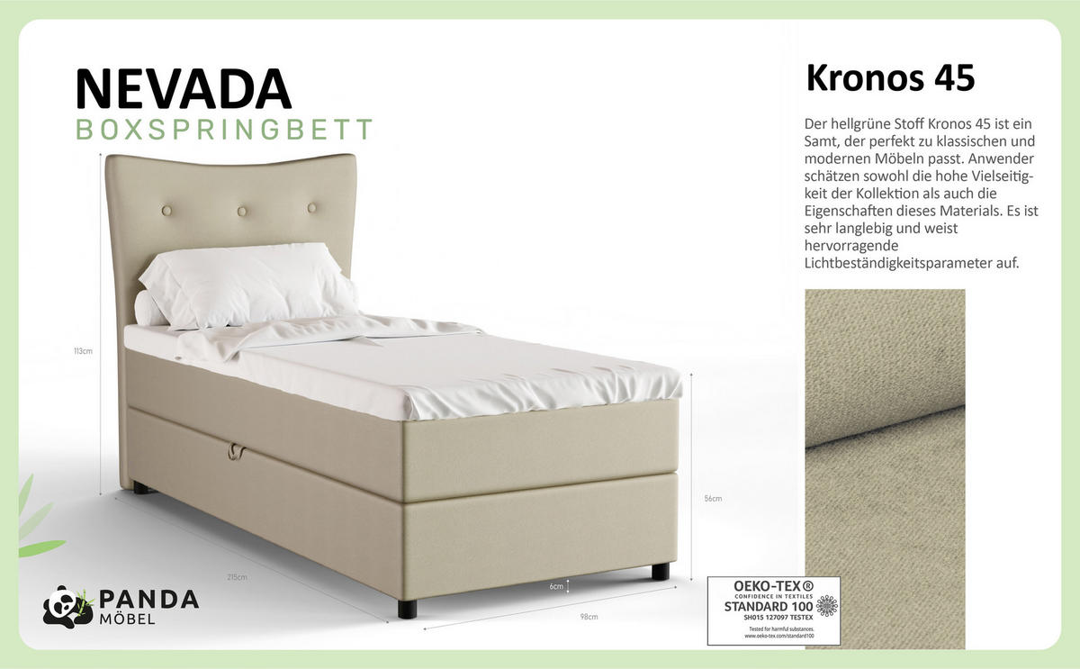 BOXBETT Nevada 90x200 cm Polsterbett mit hochwertiger Bonell-Matratze und Topper - ecru - Ecru, Holz (90/200cm) - Panda Möbel