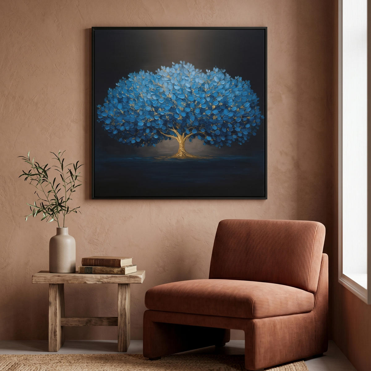 LEINWAND Bilder mit Rahmen - Baum - Blau - Blätter - Pinselstriche - 90x90 - Blau, Textil (90/90cm) - MuchoWow
