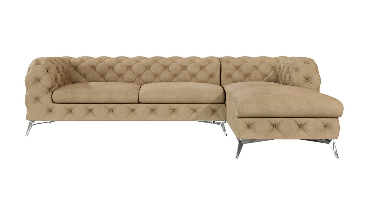 ECKSOFA Chesterfield Laura Beige Samt - Beige/Silberfarben, Holz/Textil (305/200cm) - S-Style Möbel