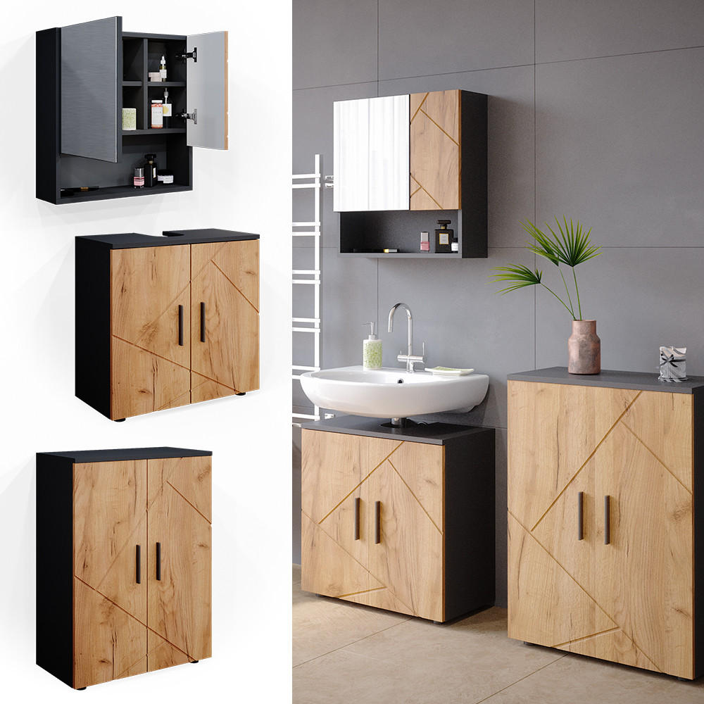 BADMÖBEL-SET Irma Goldkraft Eiche/Anthrazit 3 Teile mit Unterschrank 60 cm - Anthrazit/Eiche Wotan, Holzwerkstoff (80/58.6/41cm) - Vicco