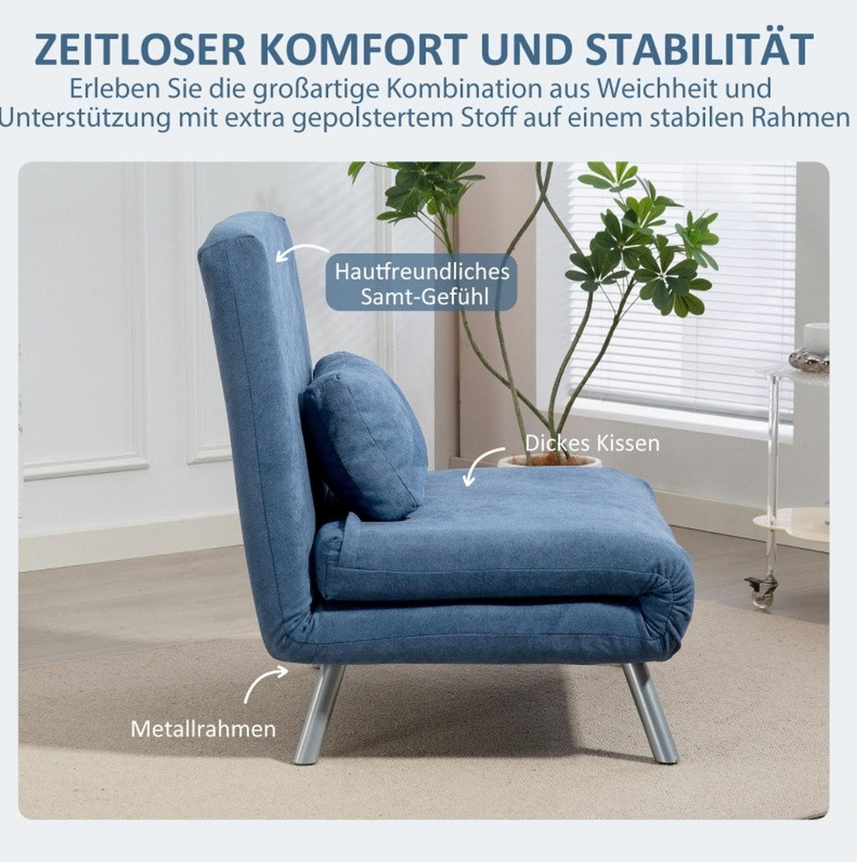 SCHLAFSESSEL in Blau 75x80x83 cm mit Bettfunktion und 5-fach verstellbarer Rückenlehne - Blau, Metall (80/83/75cm) - IVMEU