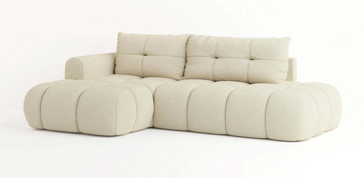 ECKSOFA FLUMA L-S Creme Boucle-Stoff mit Schlaffunktion - Creme, Holz (274/165cm) - MASSENO