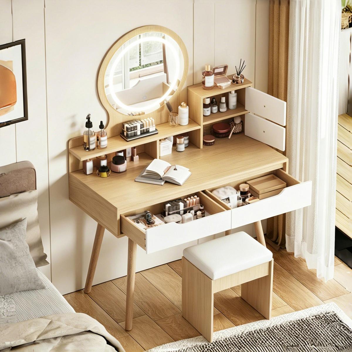 SCHMINKTISCH in Naturfarben Kosmetiktisch mit Polsterhocker, Spiegel und LED, für kleine Schlafzimmer, B80/H135/T40cm - Naturfarben, Holzwerkstoff (80/135/40cm) - STILVORA