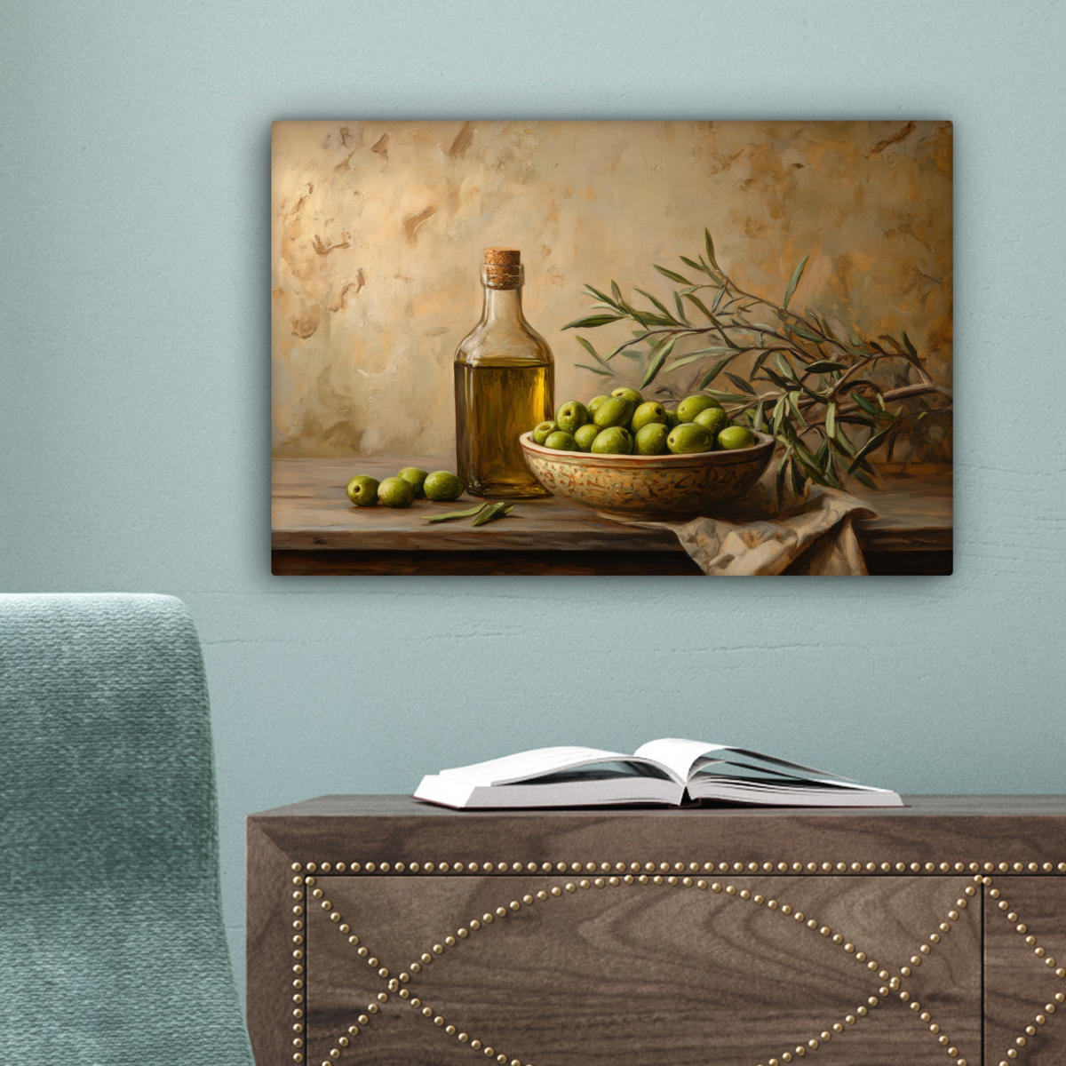LEINWANDBILD Oliven - Stilleben - Vintage 30x20 cm - Olivgrün, Textil (30/20cm) - MuchoWow