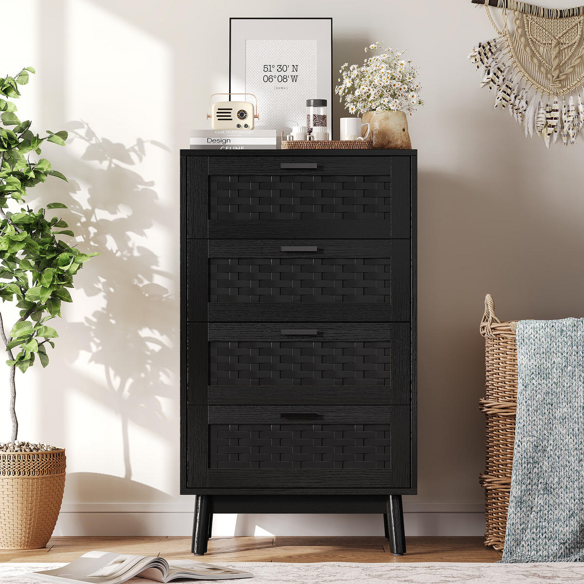 KOMMODE 4 Schubladen, PVC Rattanoptik, 55x40x95 cm, Holzfüße, Anti-Kipp, schwarz - Schwarz, Holz (55/95/39.8cm) - EuroLiving
