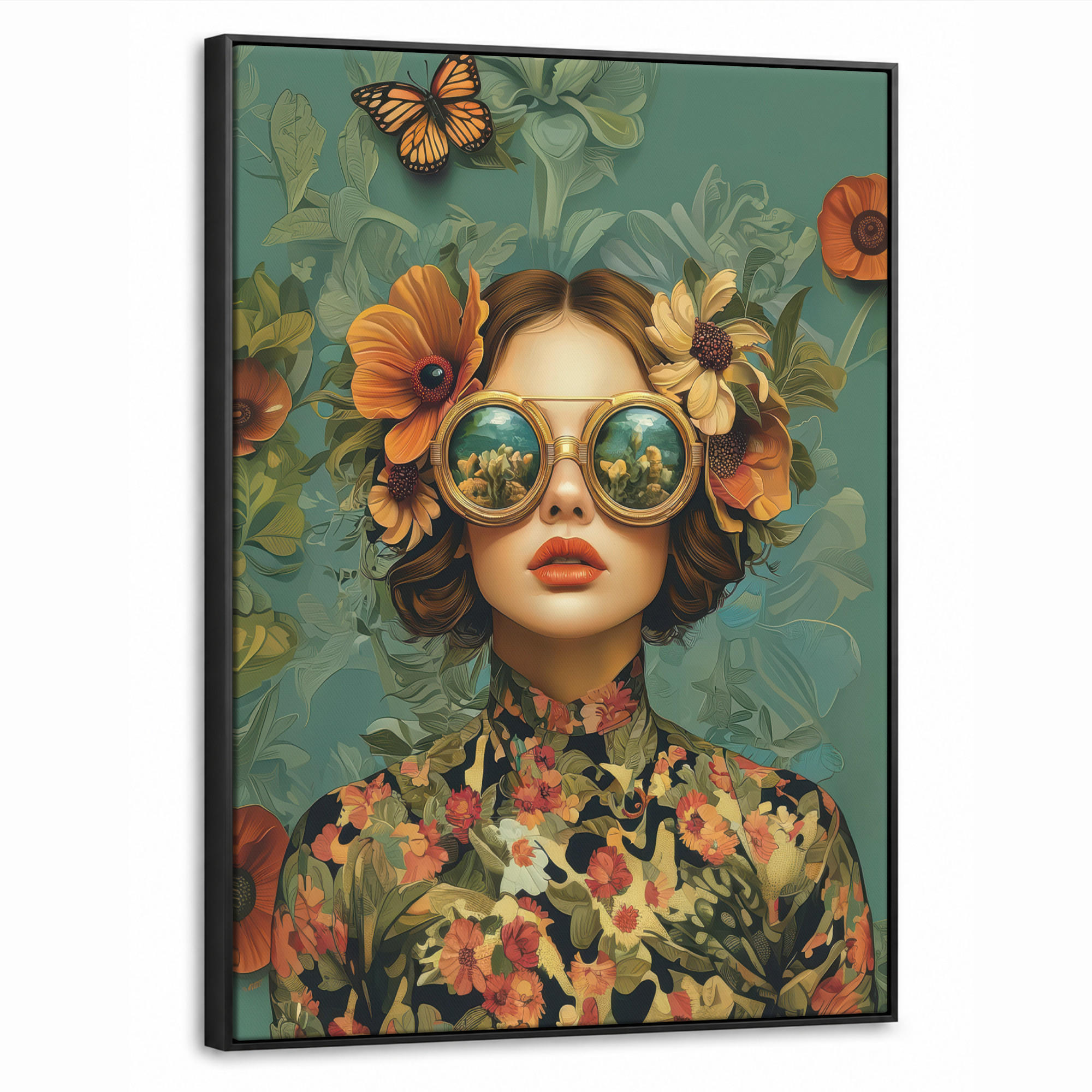 LEINWAND Bilder mit Rahmen - Frau - Blumen - Schmetterlinge - Natur - Vintage - 60x80 - Salbeigrün, Textil (60/80cm) - MuchoWow