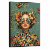 LEINWAND Bilder mit Rahmen - Frau - Blumen - Schmetterlinge - Natur - Vintage - 60x80 - Salbeigrün, Textil (60/80cm) - MuchoWow
