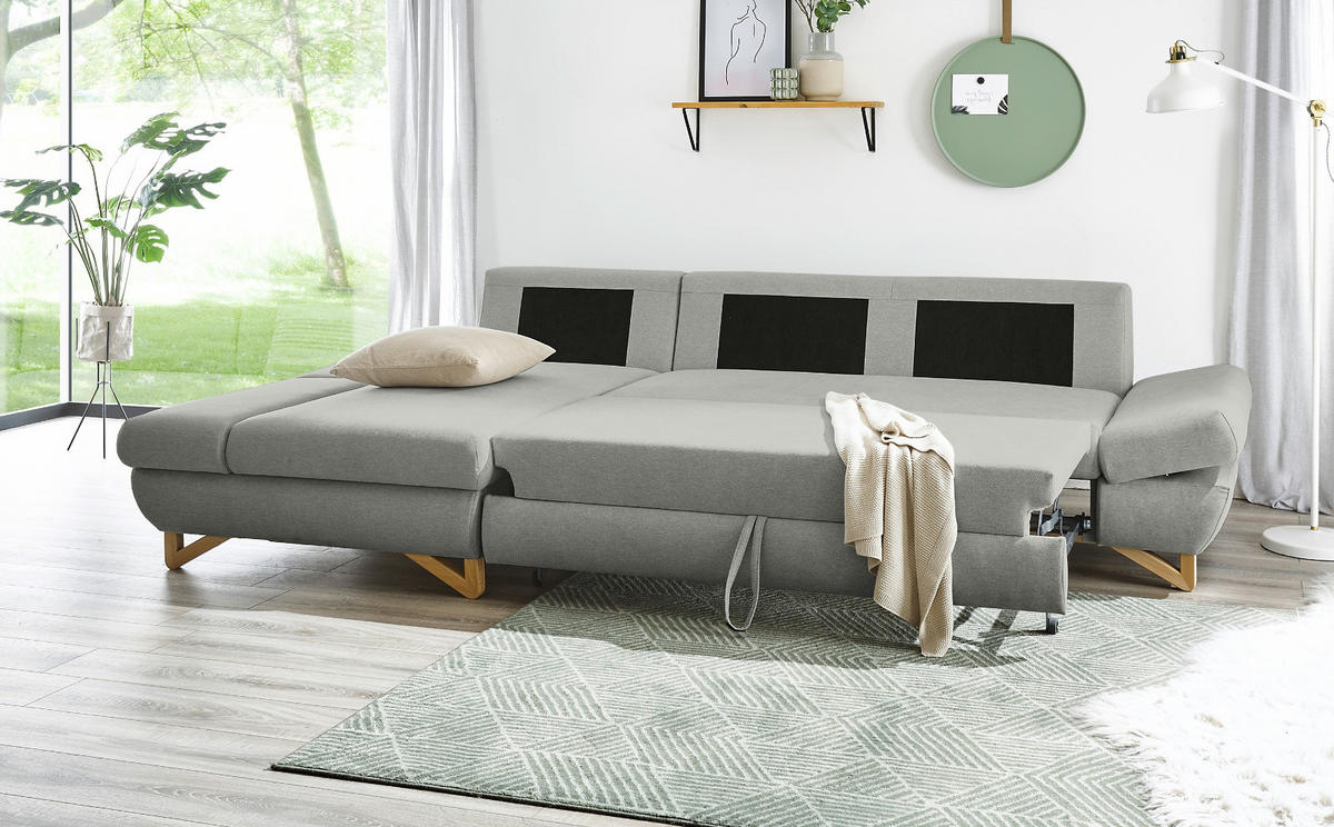 ECKSOFA hellgrau Velours, Sofa mit Bettfunktion und Stauraum 284 cm - Hellgrau, Holz/Textil (166/284cm) - Furn.Design