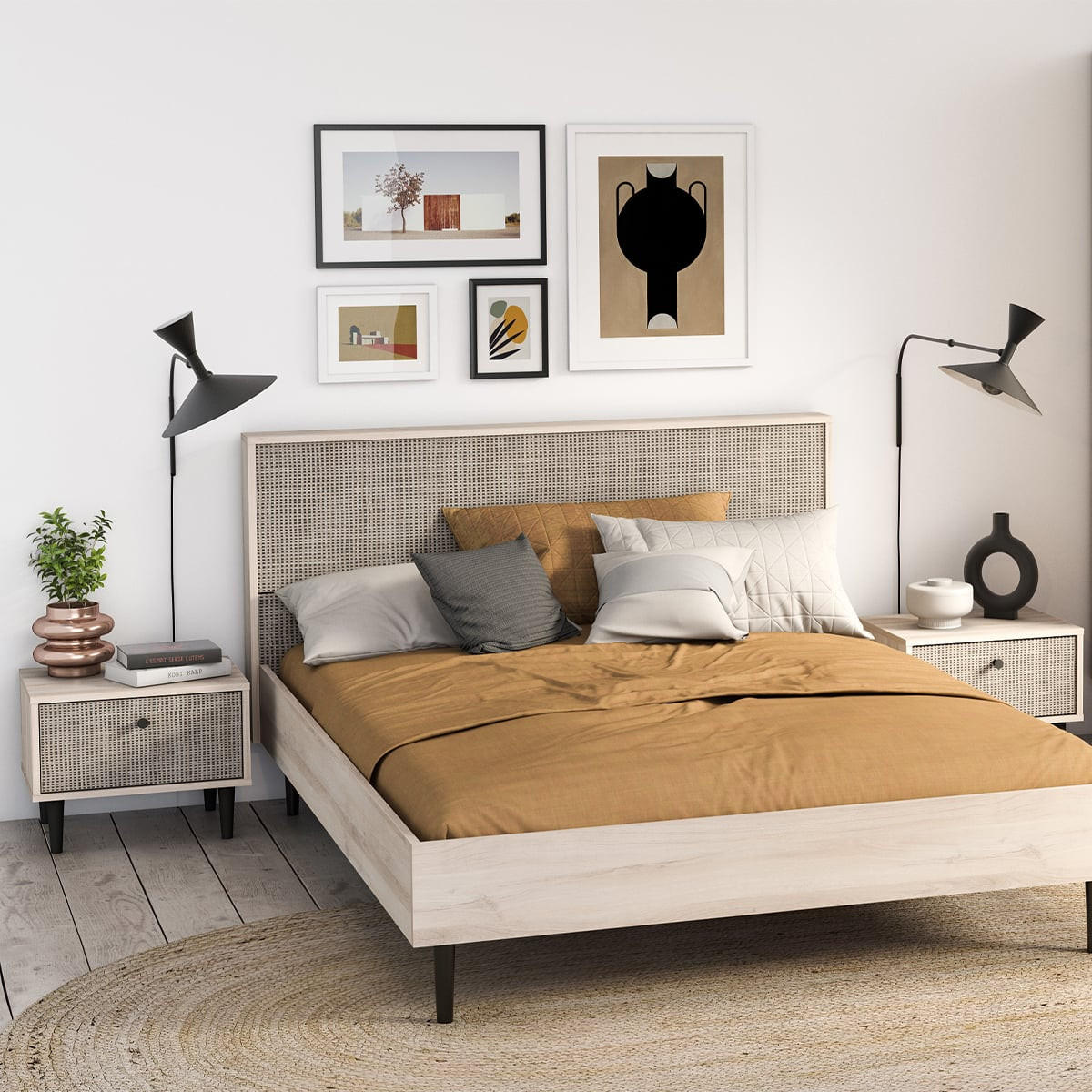 NACHTTISCH 1 Schublade Eiche Dekor - Druck Rattan und Mattschwarz L44,6 cm - Saïgon - Braun, Holzwerkstoff (35.9/34.3/44.6cm) - Calicosy