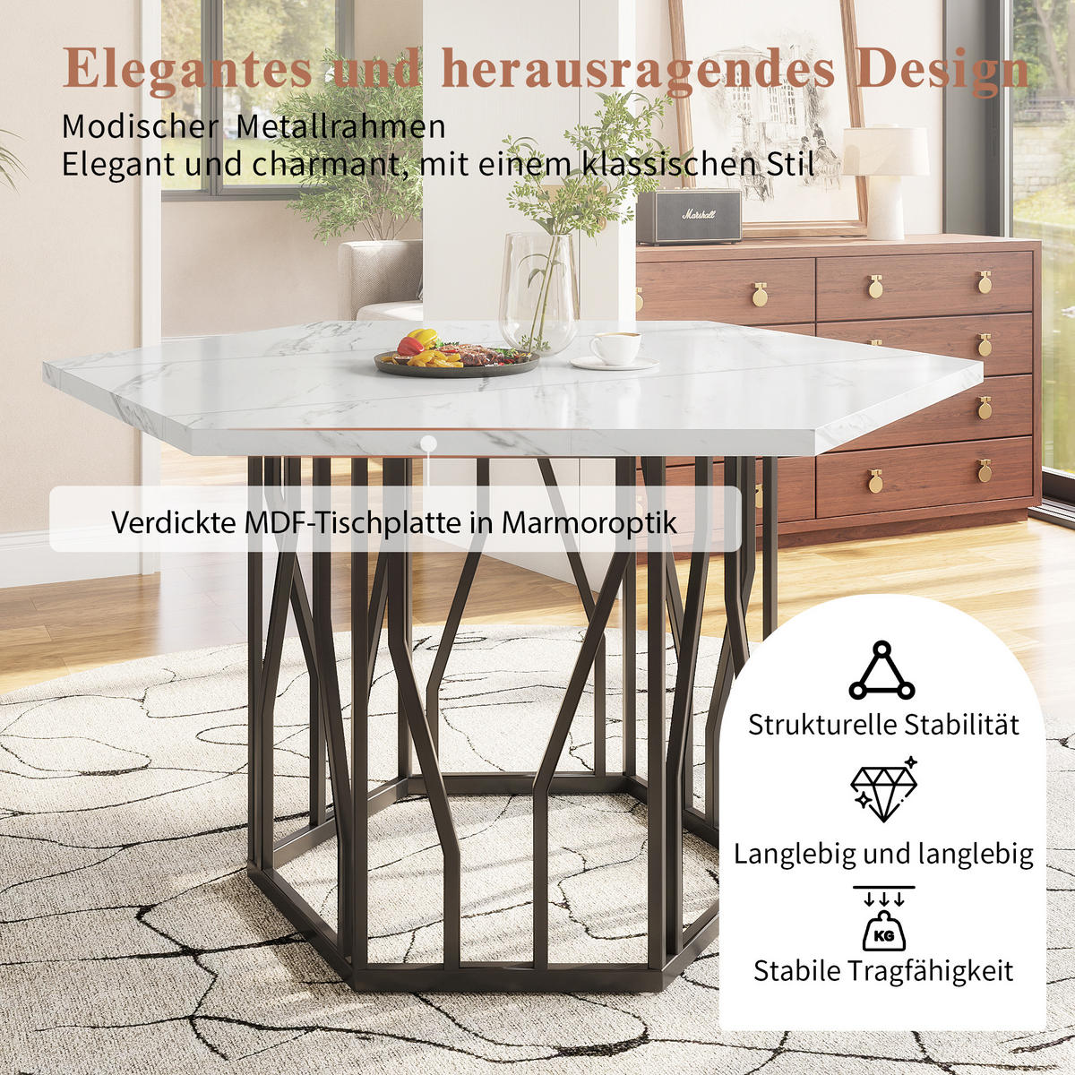 ESSTISCH, MDF in Marmoroptik mit Metallgestell, 115,5/100/75 cm, Schwarz/Weiß - Schwarz, Holzwerkstoff (115.5/100/75cm) - Redom
