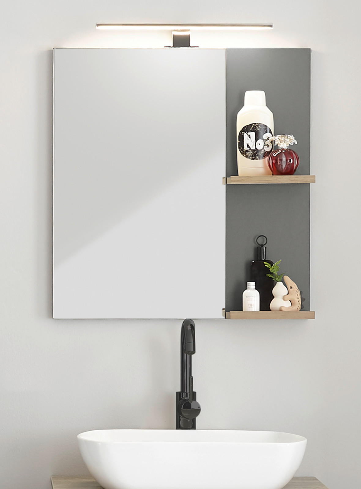 BADSPIEGEL anthrazit matt, Eiche, Badspiegel mit Ablage 60 x 65 cm - Eichefarben/Anthrazit, Holzwerkstoff (60/65/12cm) - Furn.Design