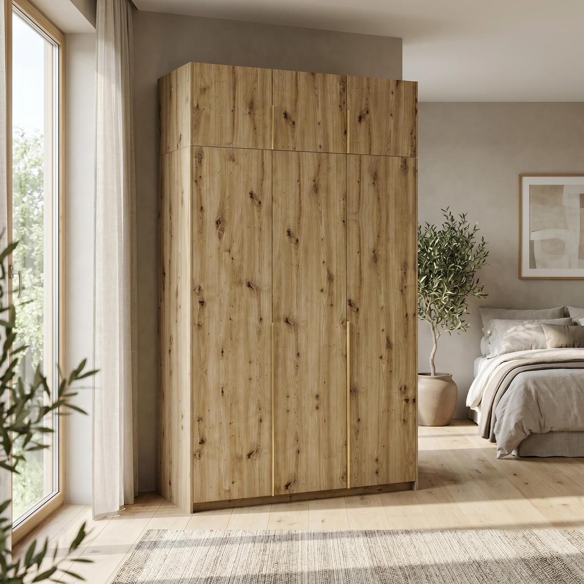 DREHTÜRENSCHRANK AMARA 148/250/58cm 3-türig Eiche Artisan - Goldfarben/Eiche Artisan, Holzwerkstoff (148/250/58cm) - MASSENO