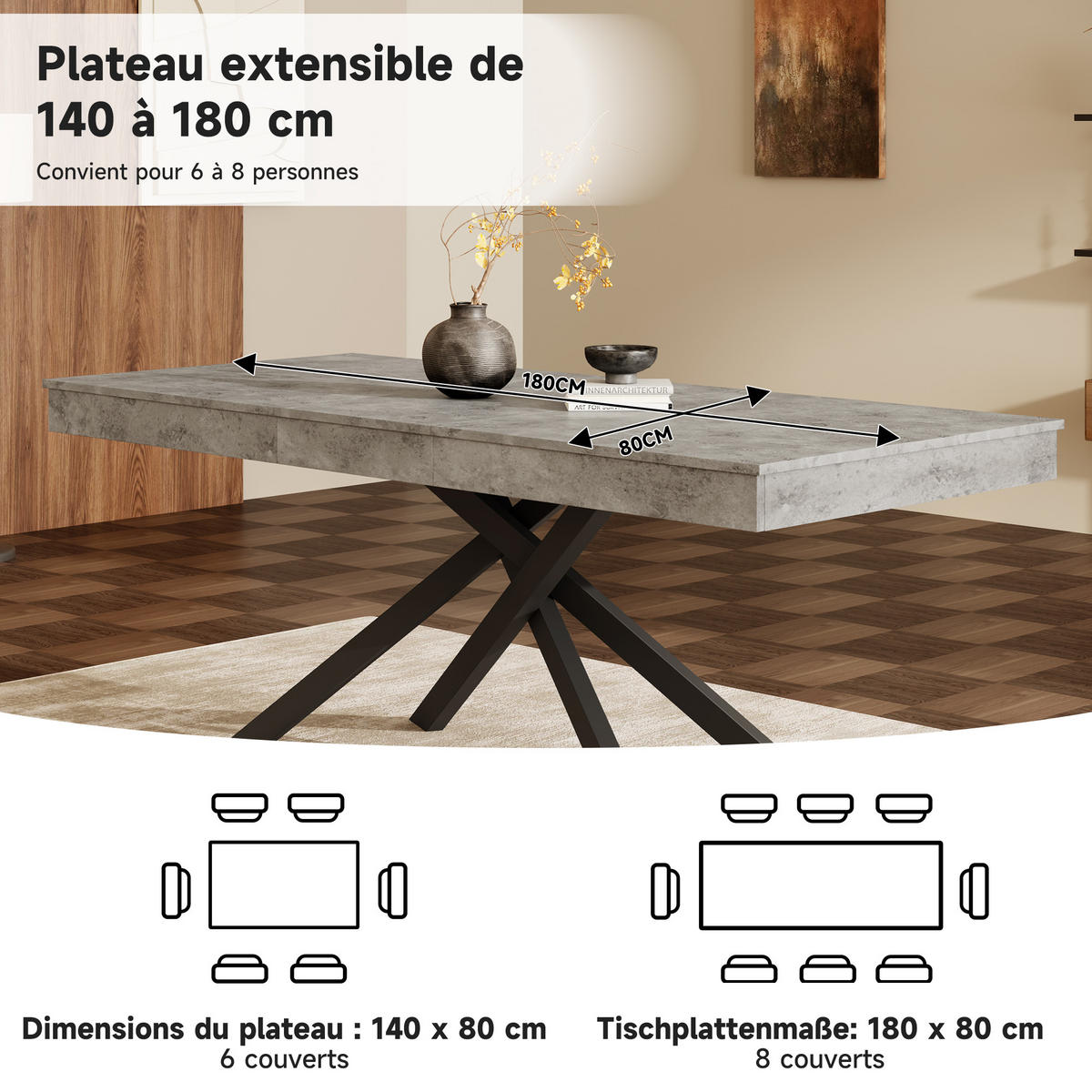 AUSZIEHTISCH Grau 140-180/80/76 cm - Grau, Holz (80/180/76cm) - PANGIVO
