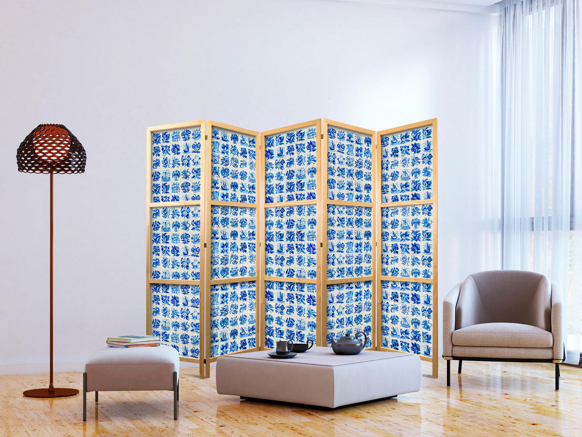 PARAVENT Japanischer 5-tlg 225x172 cm Blaue Fliesen - Blau, Holz/Textil (225/172/3cm) - Muralo