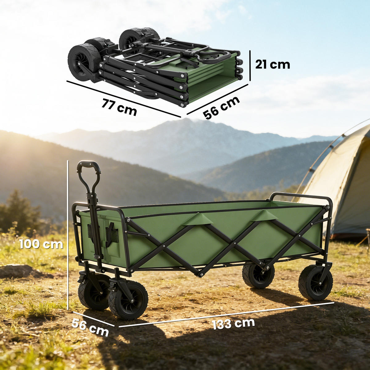 GARTENWAGEN DE-18773 130L mit All-Terrain-Rädern & Bremsen Grün - Grün, Metall (56/100/133cm) - ComfortXL