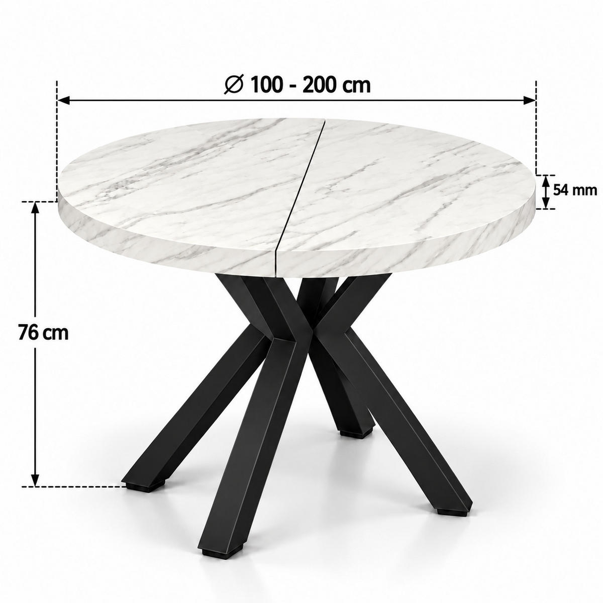 ESSTISCH rund ausziehbar 100/200/76 cm, Marmor, 54 cm Tischplatte + X Metallbeine Schwarz - Schwarz/Weiß, Holzwerkstoff/Metall (100/200/76cm) - Damale Möbel