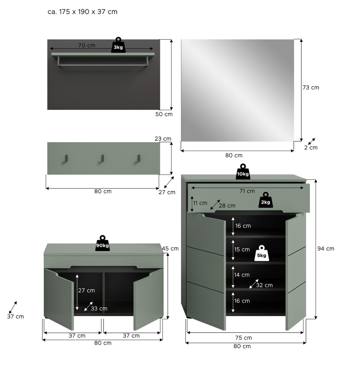 GARDEROBE SET 5-teilig in Salbei Grün und Basalt Grau 175 cm, Soft-Close Cooper - Salbeigrün/Schwarz, Glas/Holzwerkstoff (175/190/37cm) - Inn.Furn