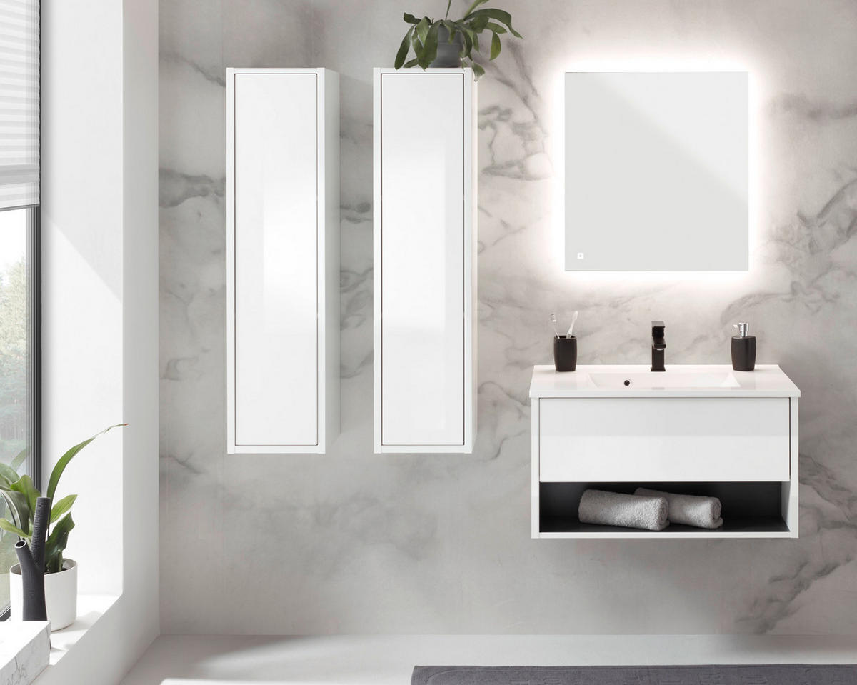 BADMÖBEL Set in weiß Hochglanz und grau mit Waschbecken und LED Beleuchtung 160 x 190 cm Glide - Weiß Hochglanz/Grau, Glas/Holzwerkstoff (160/190/47cm) - Furn.Design
