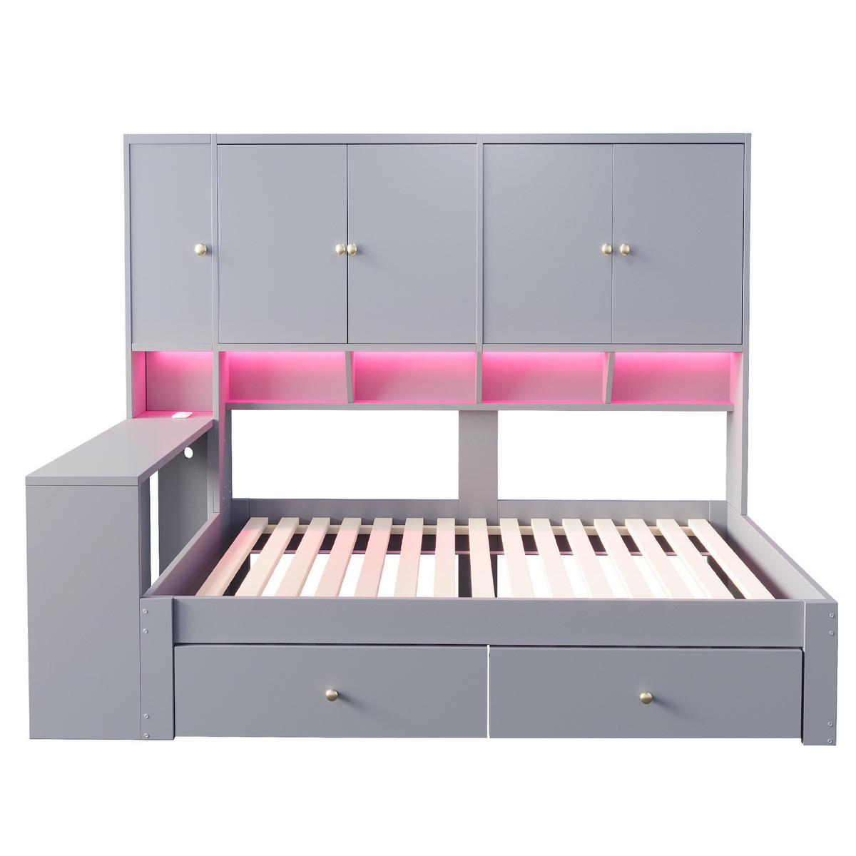 STAURAUMBETT 90/200 cm mit Schreibtisch, LED und Schubladen, DE-41644, in Grau - Grau, Holzwerkstoff (90/200cm) - ComfortXL