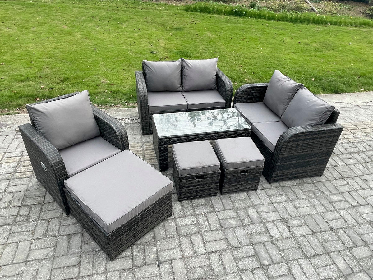 GARTENSOFA SET mit rechteckigem COUCHTISCH Polyrattan 8-Sitzer Dunkelgrau - Dunkelgrau/Grau, Glas/Kunststoff - Fimous