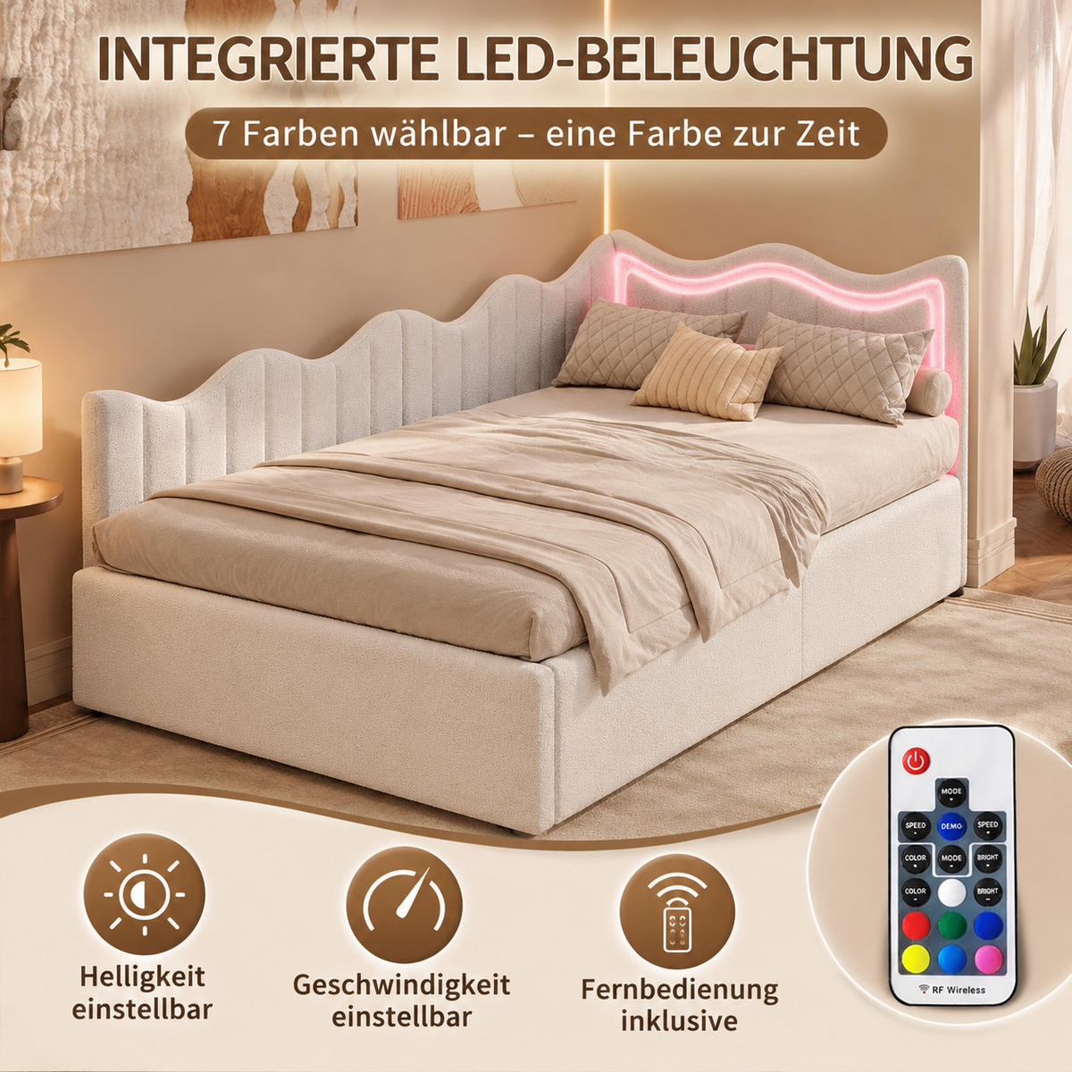 SCHLAFSOFA Teddy-Fleece mit LED-Beleuchtung und Aufbewahrungsraum - Weiß, Metall (97/75/213cm) - Joyfair