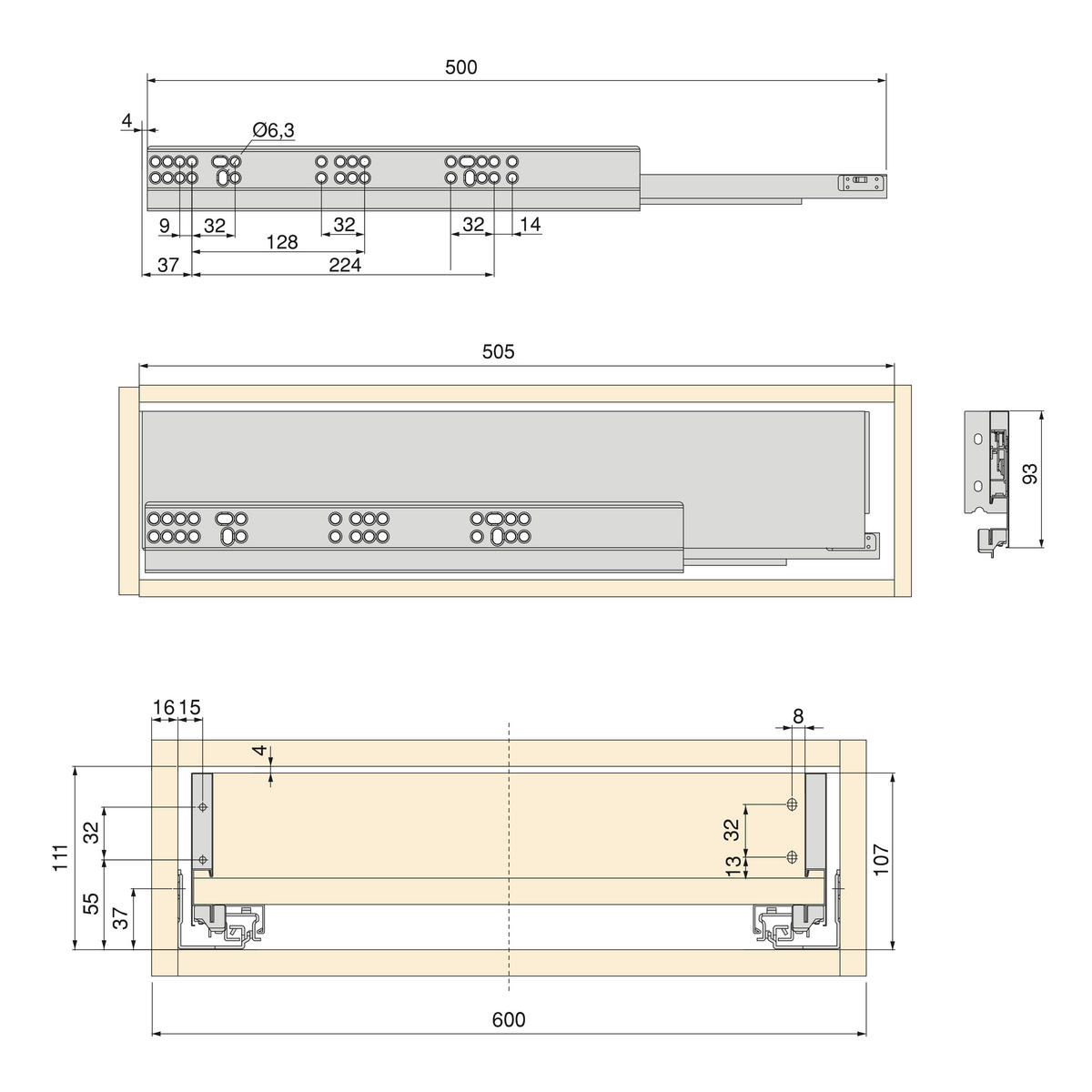 SCHUBLADEGARNITUR Vertex für Küche oder Badezimmer, Höhe 93mm, mit Einlegeböden, Modul 600mm, Weiß lackiert - Weiß, Metall (53/8/58.5cm) - EMUCA