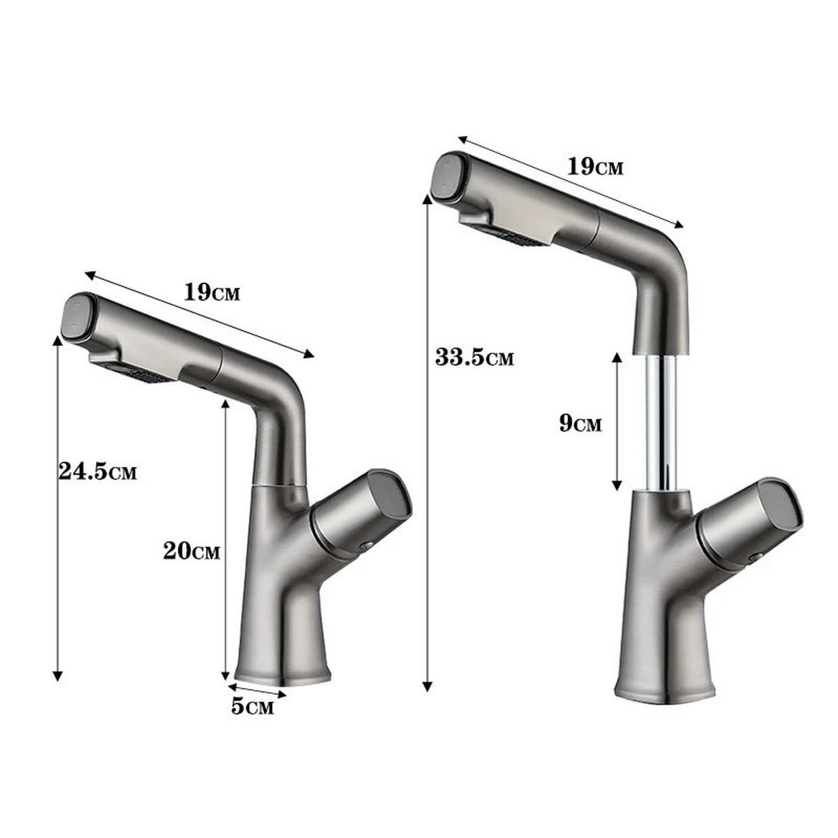 WASCHTISCHARMATUR herausziehbarer Wasserfall-Auslauf, heißes kaltes Wasser, Grau - Grau, Metall (19/24.5/5cm) - Kaket