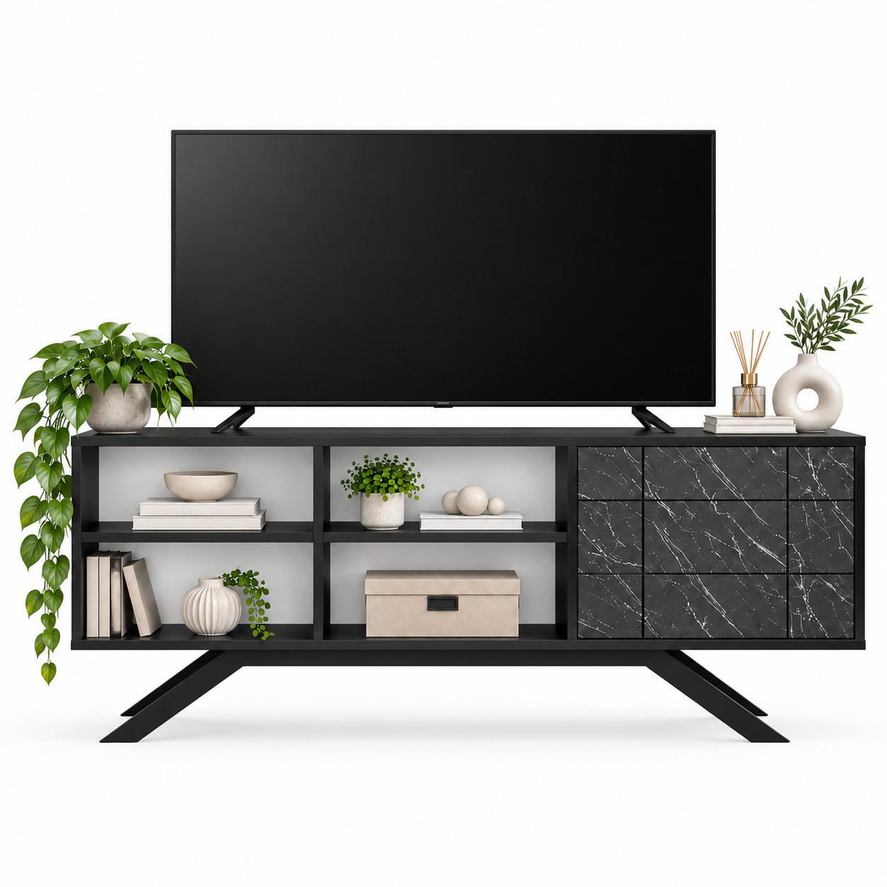 TV-ELEMENT North Schwarz Marmor Decor - Creme/Schwarz, Holzwerkstoff (130/58.6/38.6cm) - Decorotika