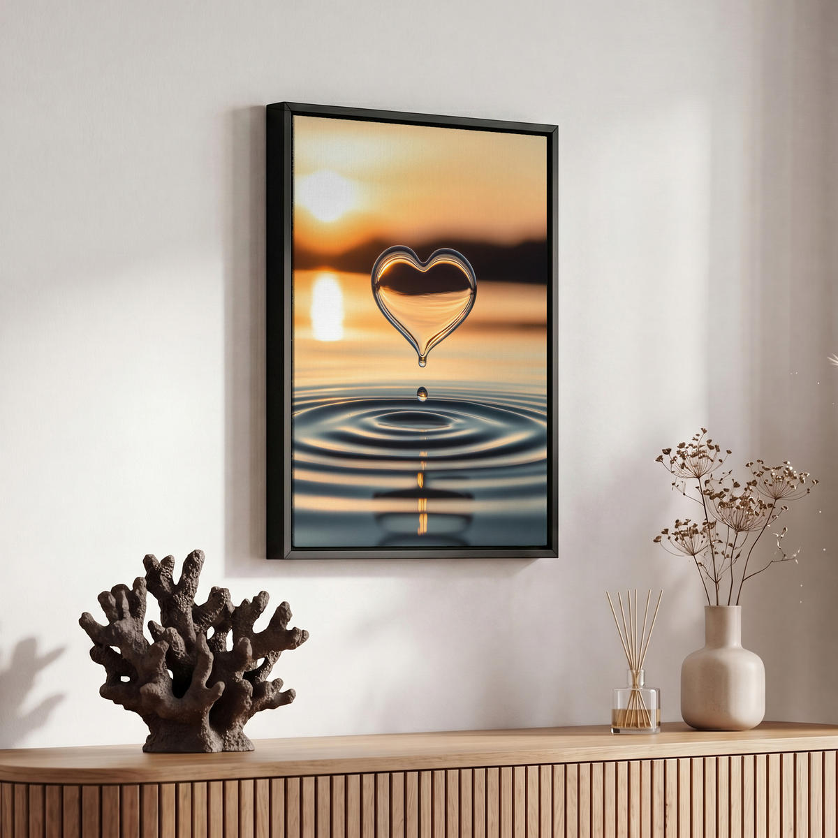 LEINWAND Bilder mit Rahmen - Herz - Wasser - Sonnenuntergang - Natur - Zen - 20x30 - Bernsteinfarben, Textil (20/30cm) - MuchoWow