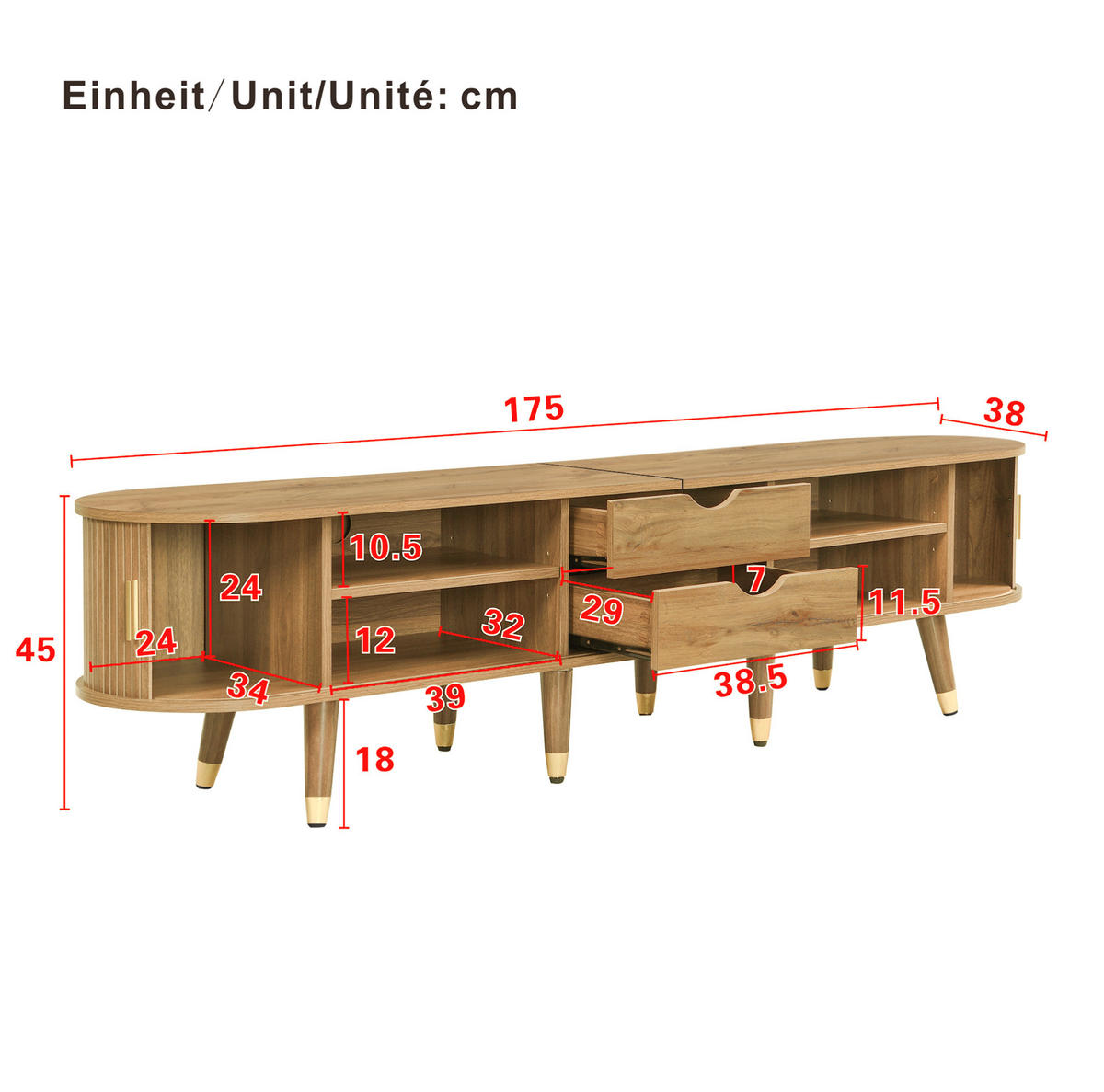 TV-SCHRANK mit Schiebetüren 175 x 38 x 45 cm MDF Holzoptik - Braun, Holzwerkstoff (38/45/175cm) - Beauniv