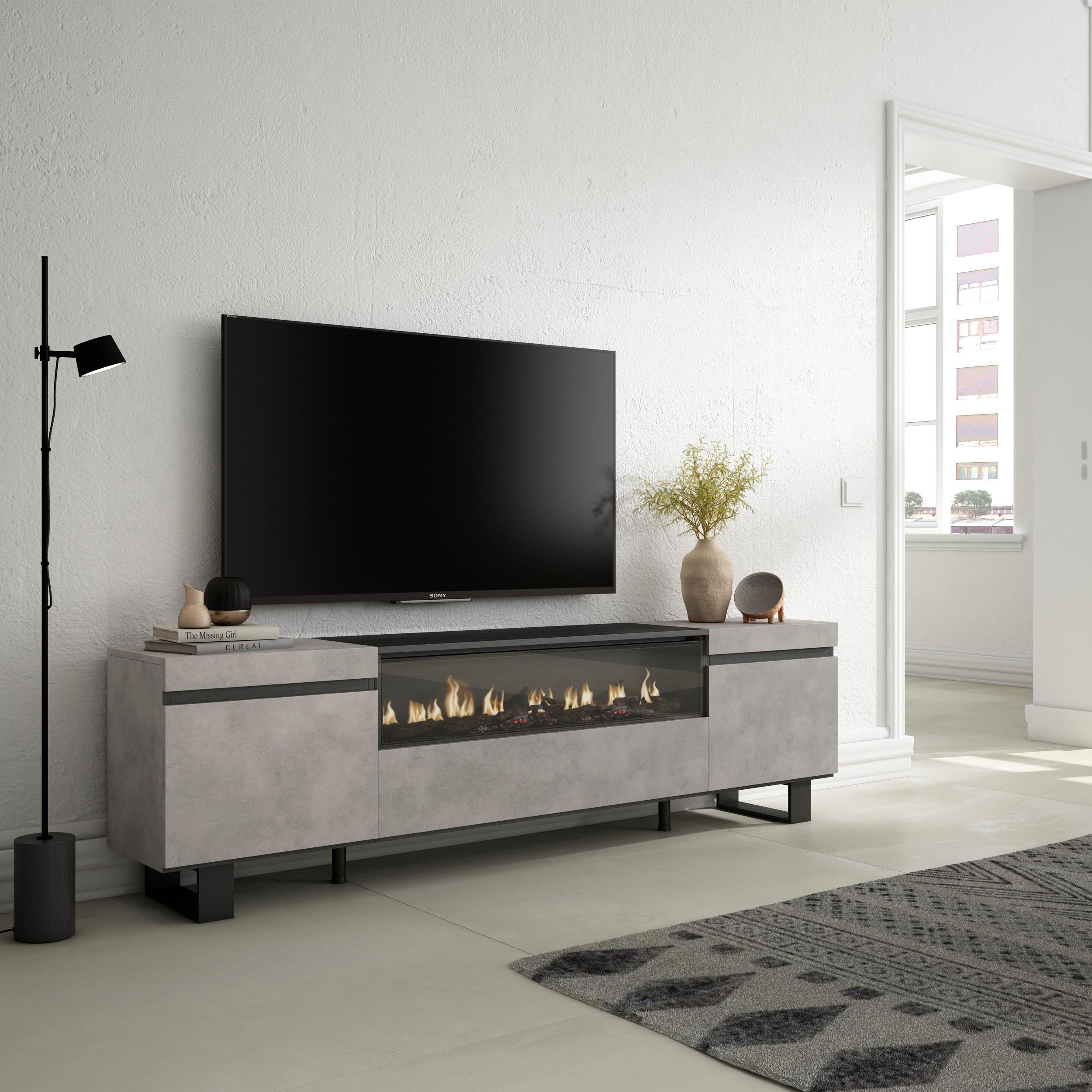 TV-SCHRANK zementgrau, mit Elektrokamin, 200/35/57cm - Hellgrau/Grau, Holzwerkstoff (200/57/35cm) - Skraut Home