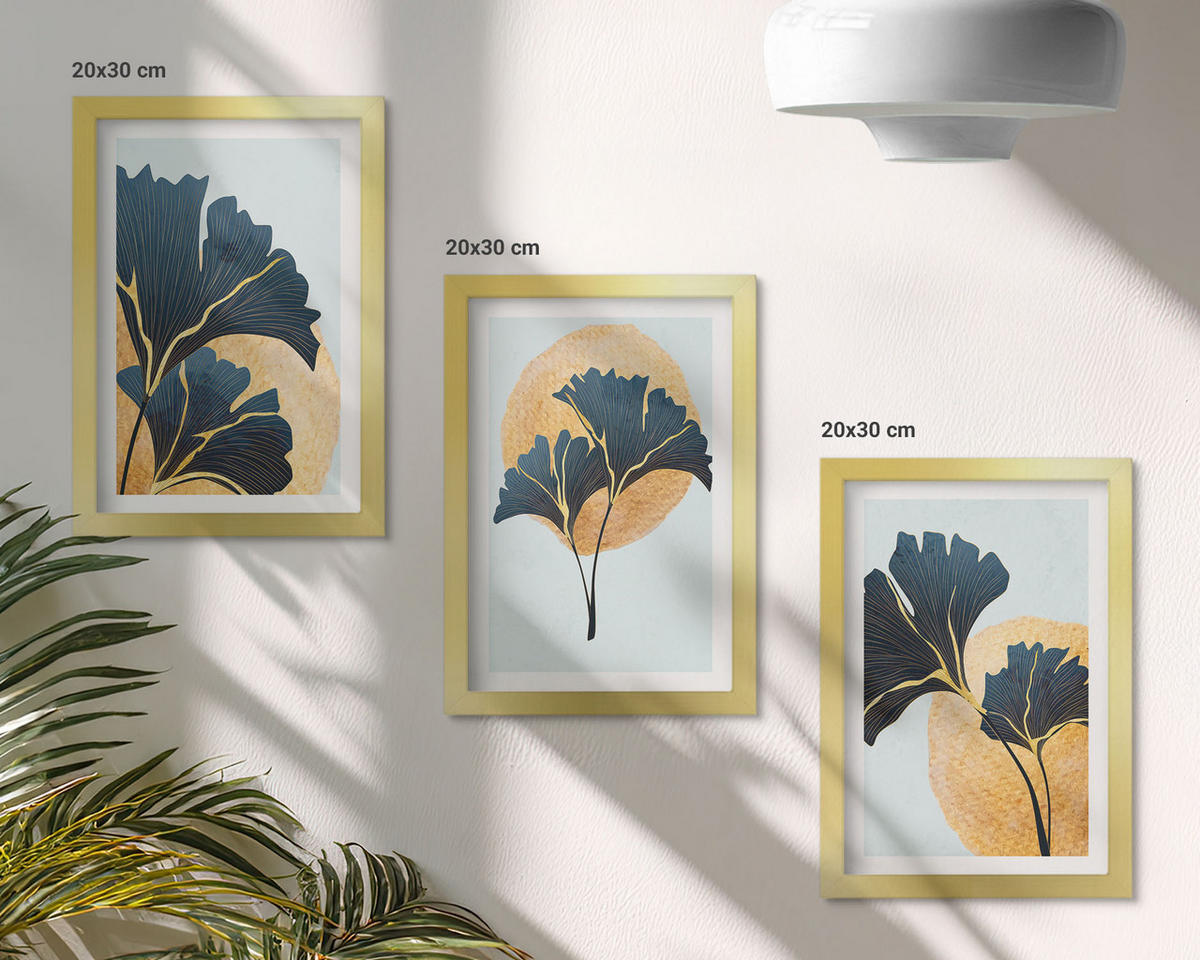 BILDER SET 3er Set - 20x30 cm Goldrahmen - Ginkgoblätter, heller Hintergrund - Goldfarben, Kunststoff (20/30cm) - TULUP