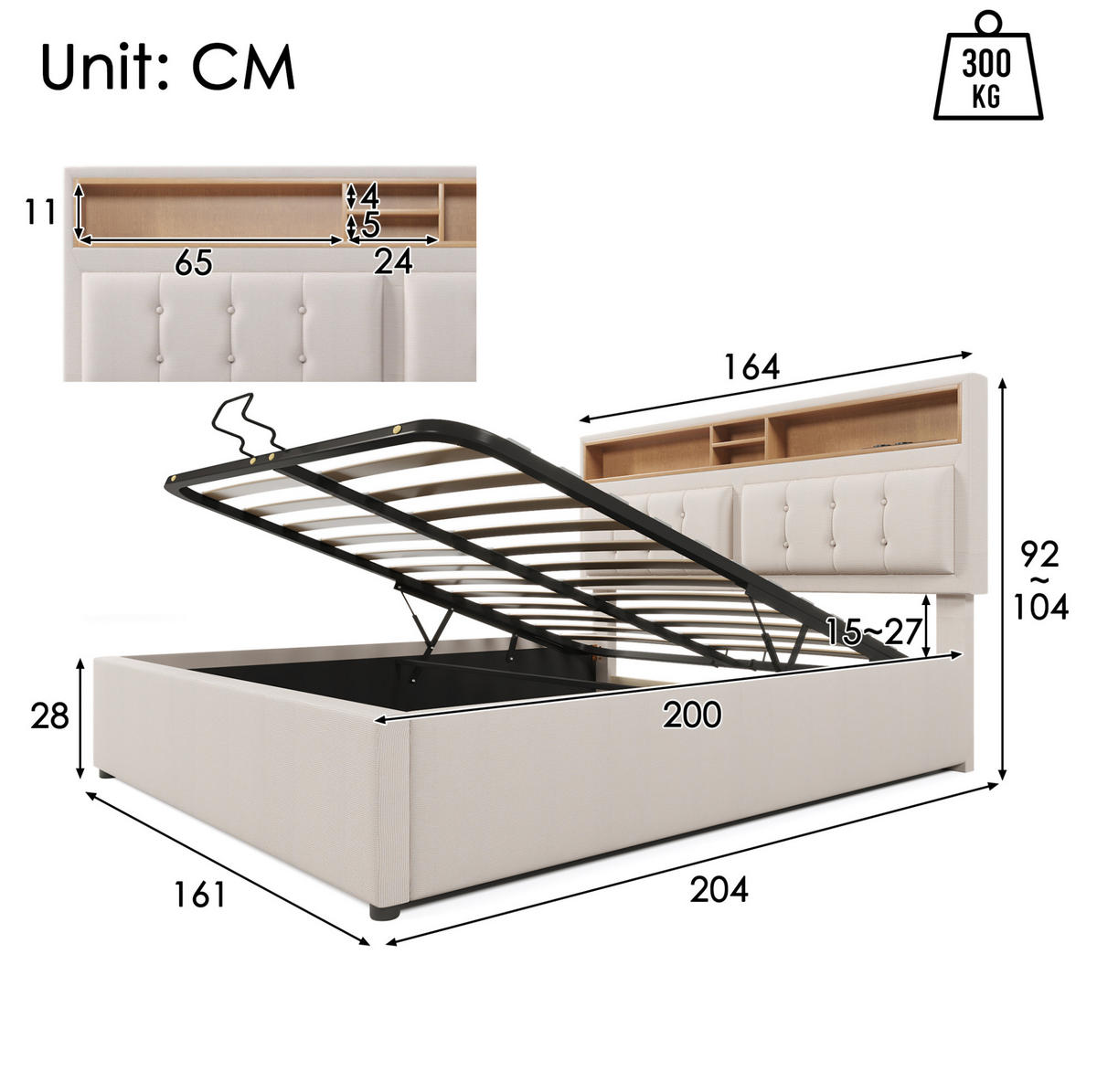 POLSTERBETT mit Stauraum und USB/Type-C 160x200 cm Leinen Beige - Beige, Metall (160/200cm) - Meubliv