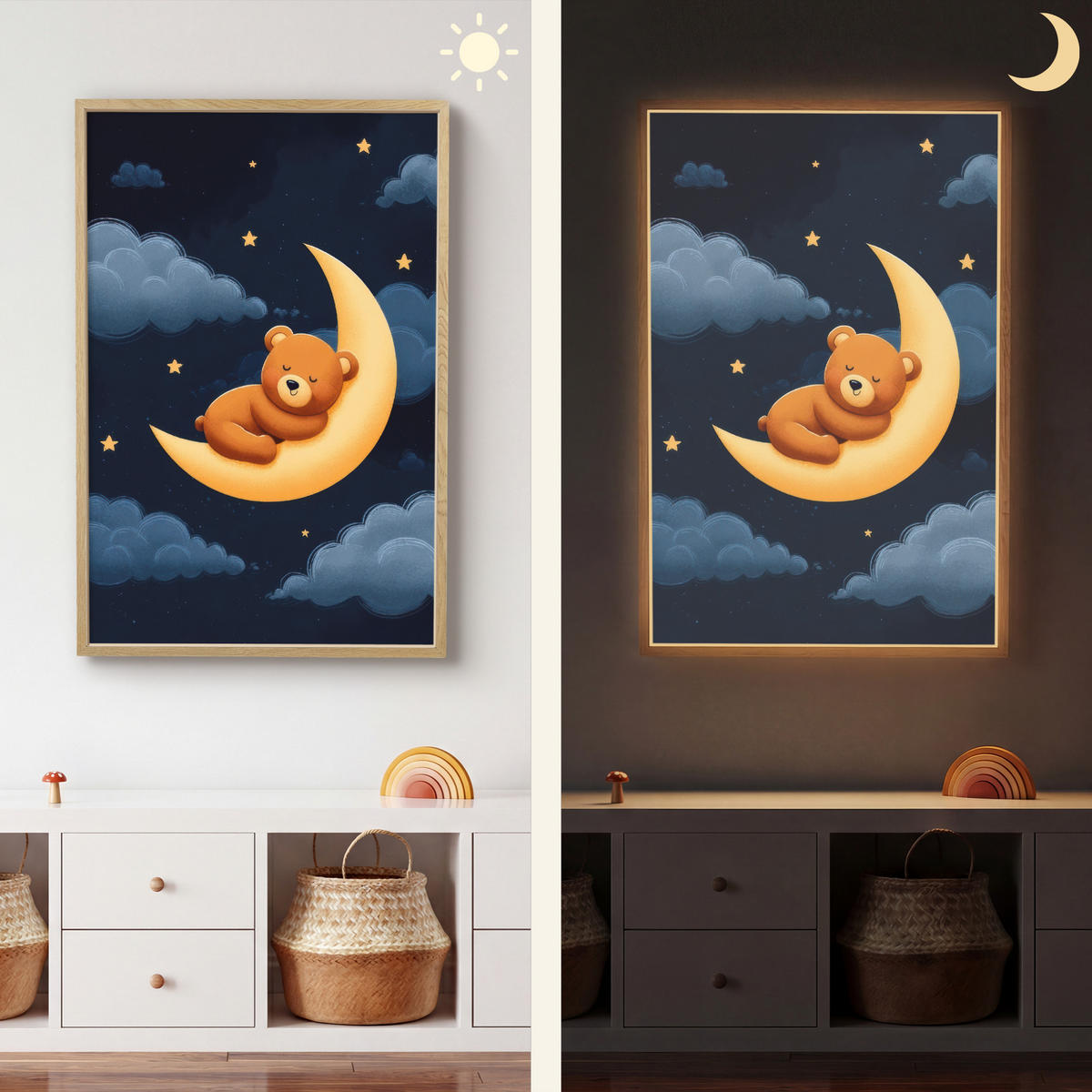 NÁSTĚNNÁ LAMPA S AKUMULÁTOREM Medvídek - Měsíc - Mraky - Hvězdy 60x90 cm - tmavě modrá, kompozitní dřevo (60/90/8cm) - OnlyWow