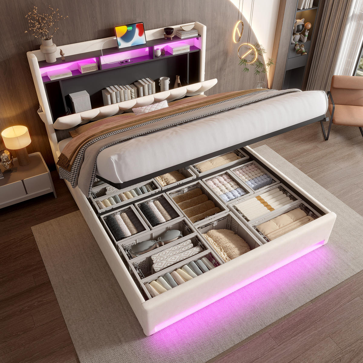 POLSTERBETT 160/200 cm in Beige Samt mit Bettkasten, LED und USB, Type-C - Beige, Holzwerkstoff/Textil (160/200cm) - WISHDOR