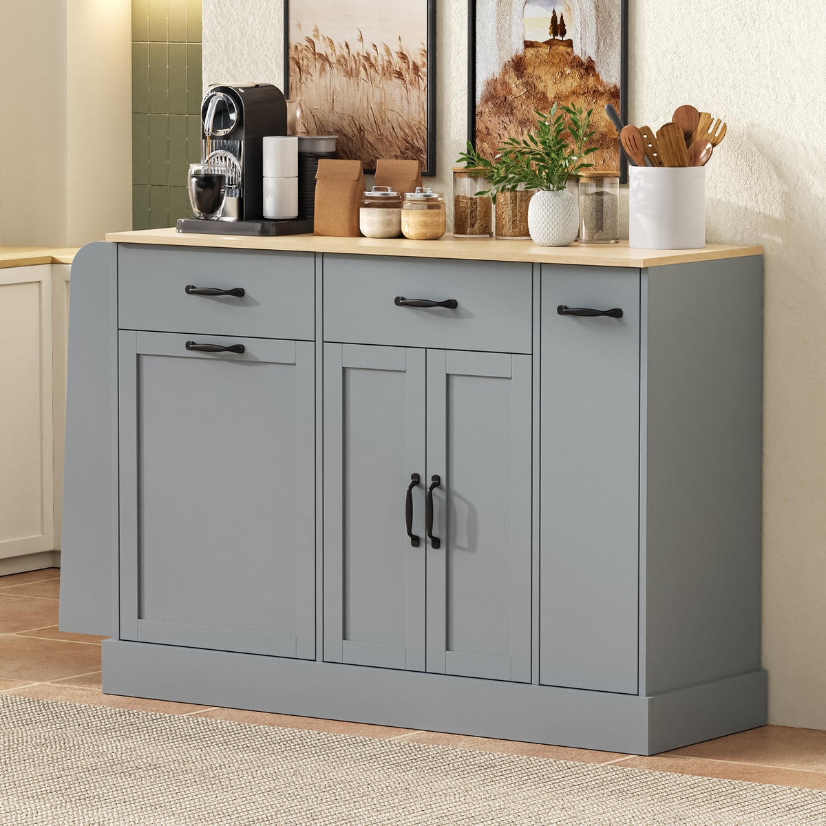 SIDEBOARD mit Abfallfach, Gewürzregal und Schubladen, Grau - Grau, Holzwerkstoff (133.5/86/40cm)