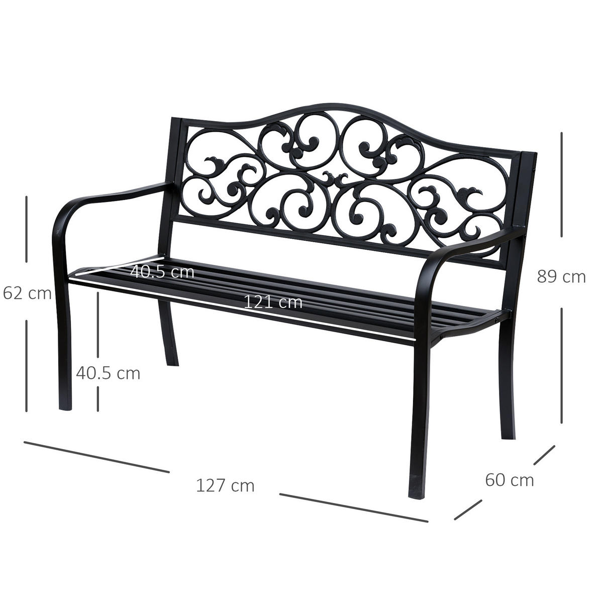 ZAHRADNÍ lavice 127/60/89 cm černá z oceli a litiny s područkami pro 3 osoby - černá, kov (60/89/127cm) - OKWISH