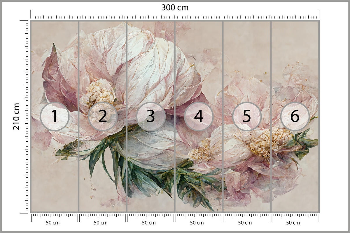 FOTOTAPETE für Wohnzimmer Vintage Rosa Blumen Blätter Natur 300x210 - Beige/Creme, Papier (300/210cm) - Muralo