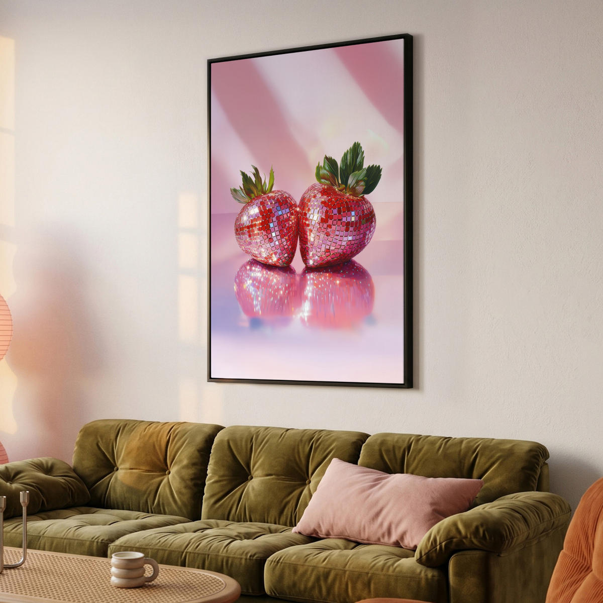 LEINWAND Bilder mit Rahmen - Disco - Obst - Glitzer - Erdbeere - 90x140 - Pink, Textil (90/140cm) - MuchoWow