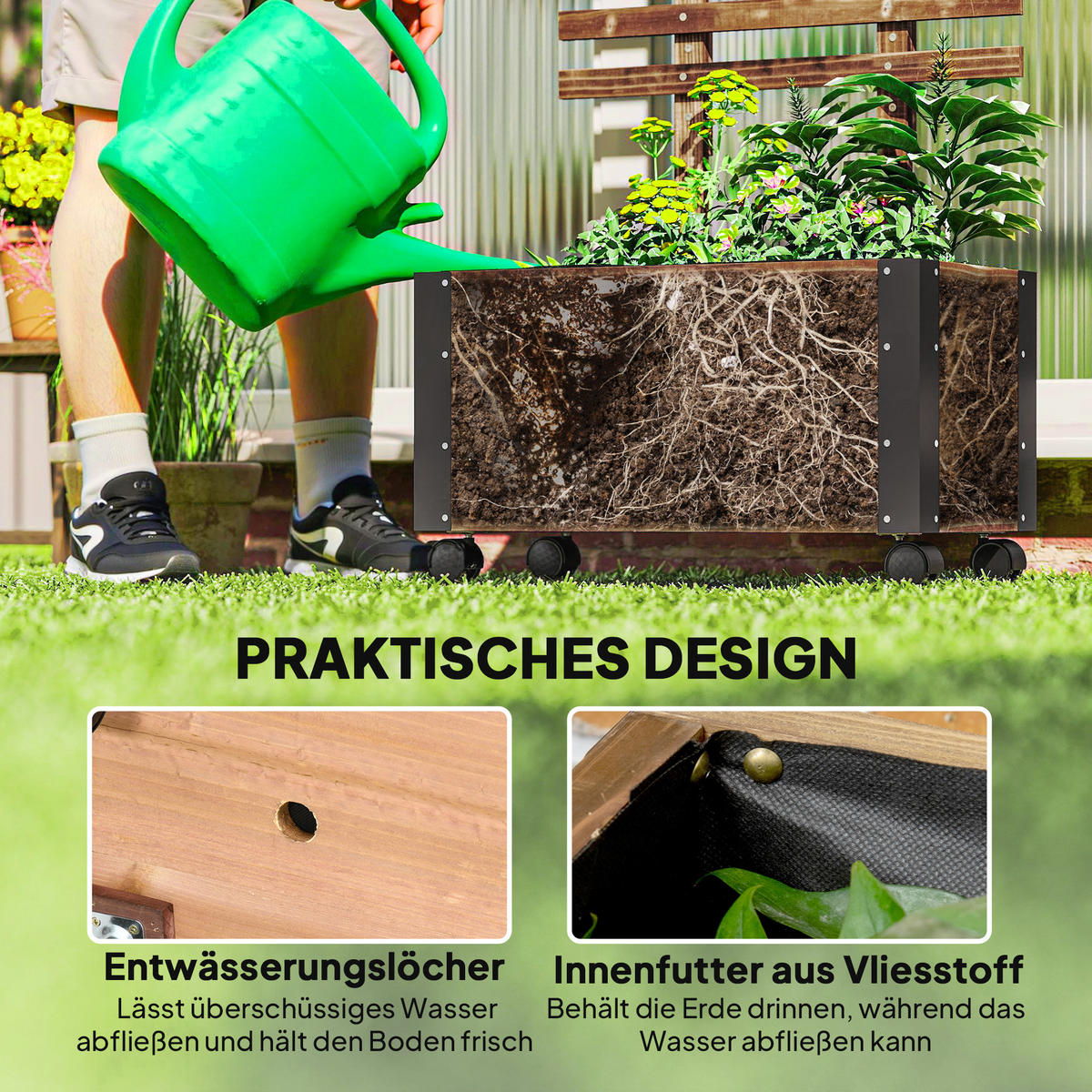 HOCHBEET mit Rankgitter, Blumenkasten mit Rollen, für Kletterpflanzen, Holz, Verkohlt - Dunkelbraun, Holz (31/147/65cm) - Outsunny