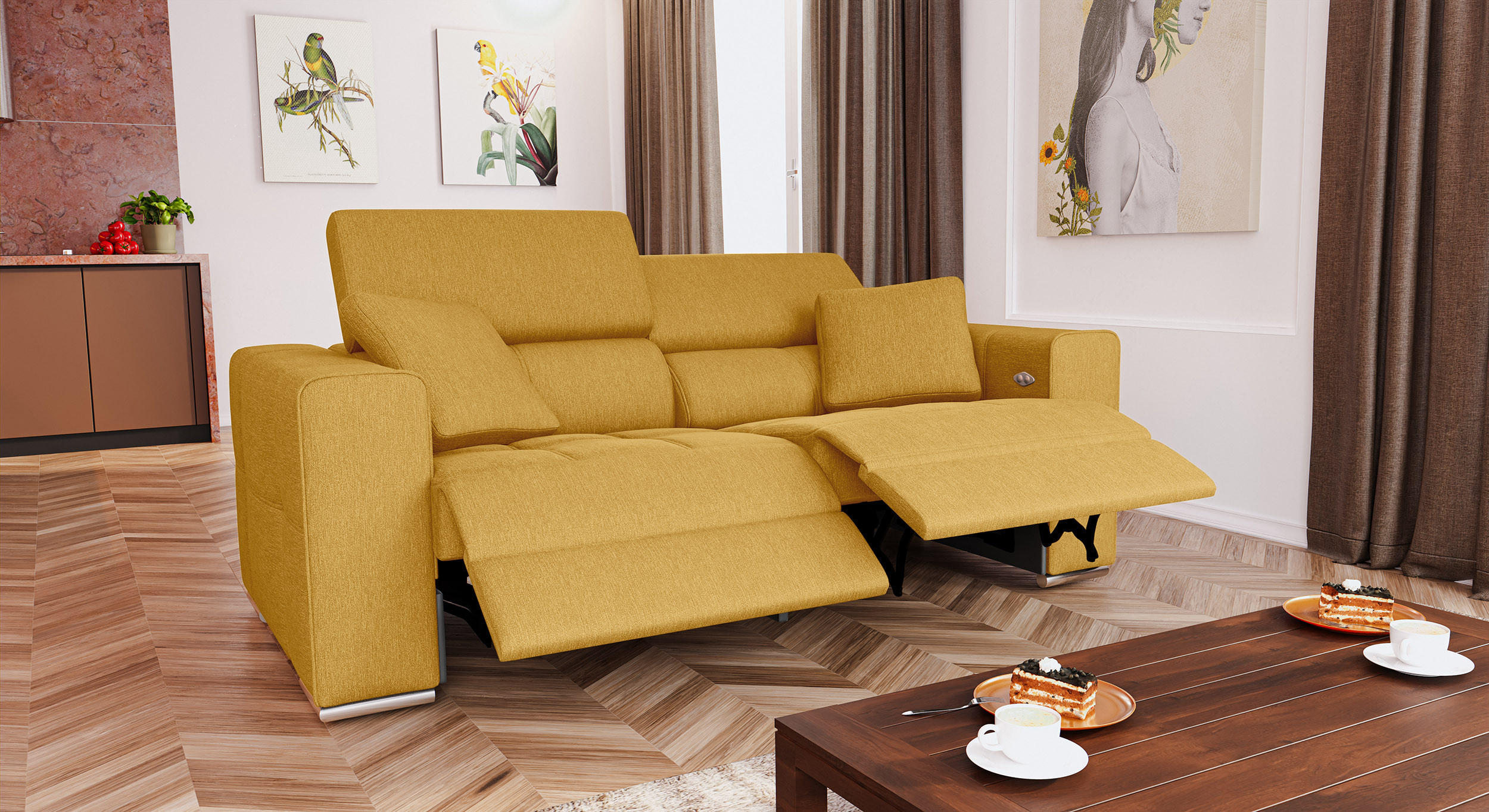 SOFA QUARTZ 3-Sitzer mit 2 Relaxfunktionen, honig - Silberfarben/Honig, Holzwerkstoff/Textil (204/80/102cm) - Courtois Laville