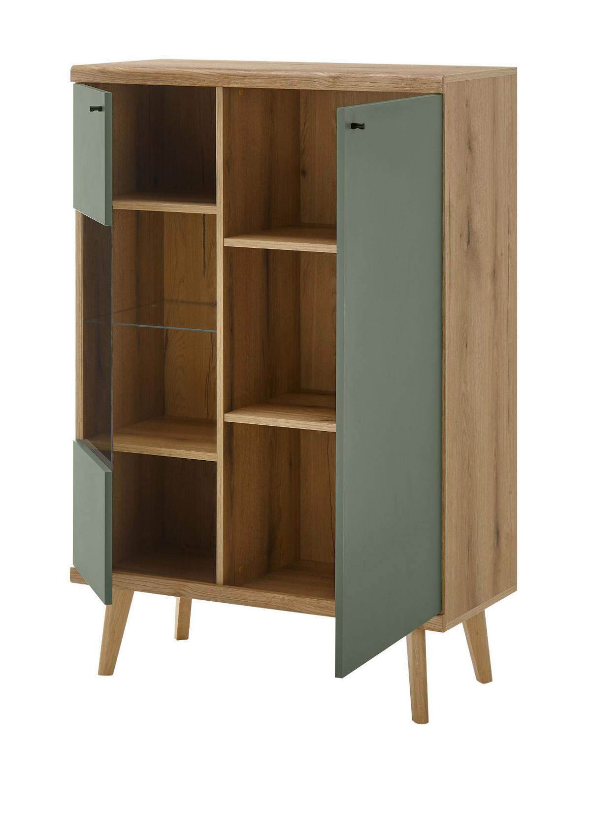 WOHNWAND 4-teilig salbei grün, Eiche Evoke, skandinavisch 320 cm, Schrankwand mit Vitrine - Salbeigrün/Eichefarben, Glas/Eichenholz (320/197/40cm) - Furn.Design