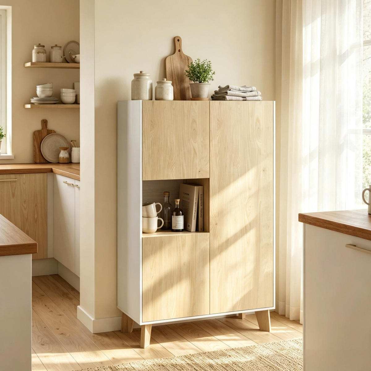 HIGHBOARD DE-38830 80/40/135 cm 5 Fächer und Soft-Close-Türen Naturholz/Weiß - Eichefarben, Holzwerkstoff (80/135/40cm) - ComfortXL